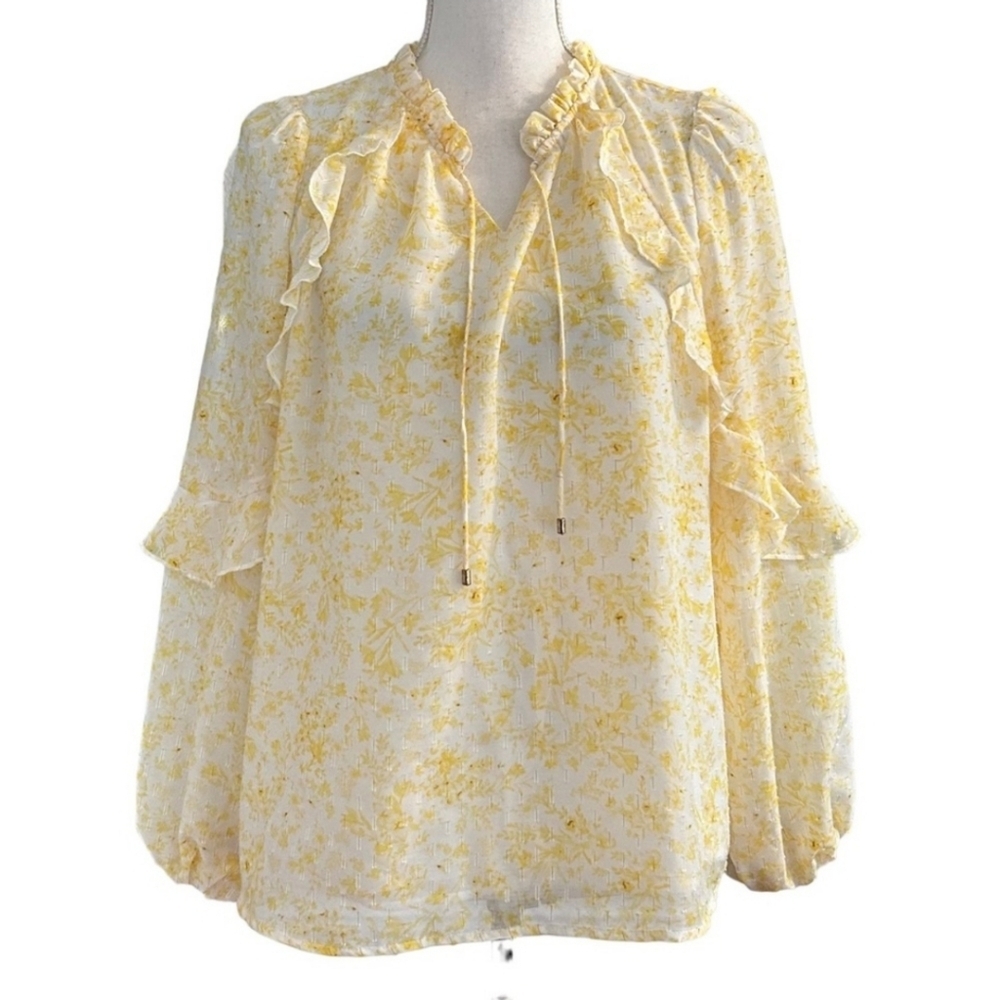 Rachel Zoe Floral Metallic Long Sleeve Ruffle Boho Peasant Top Women’s medium